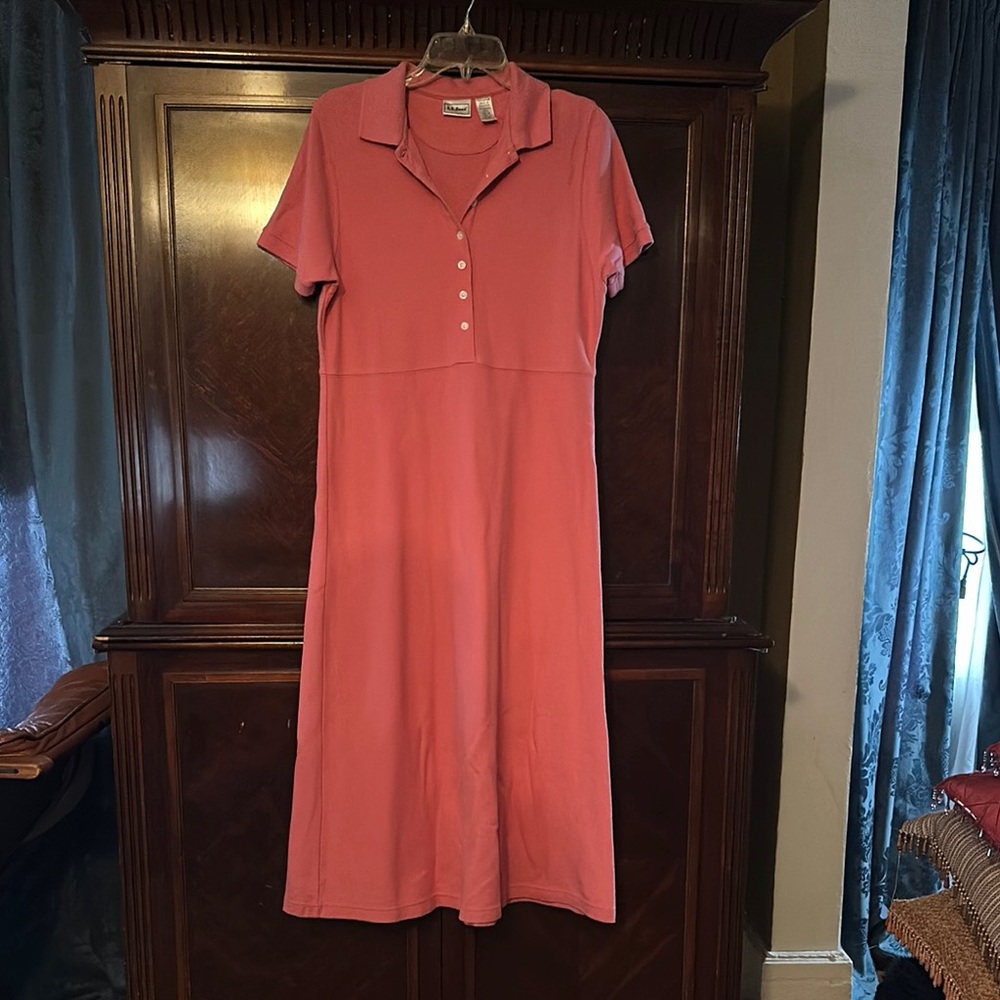 L.L. Bean Pink Midi Shirt Dress with Notched Collar and Short Sleeves
